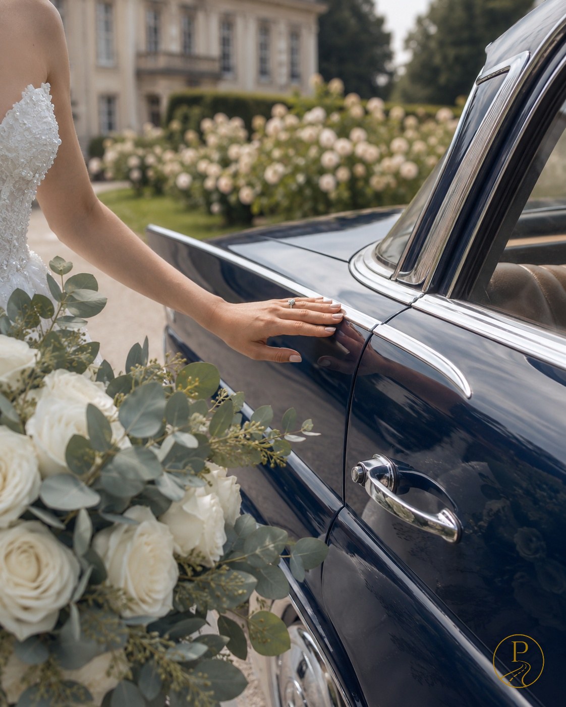 Pruudi käsi klassikalise tumesinise Mercedes-Benz kerel, valgete rooside kimp esiplaanil