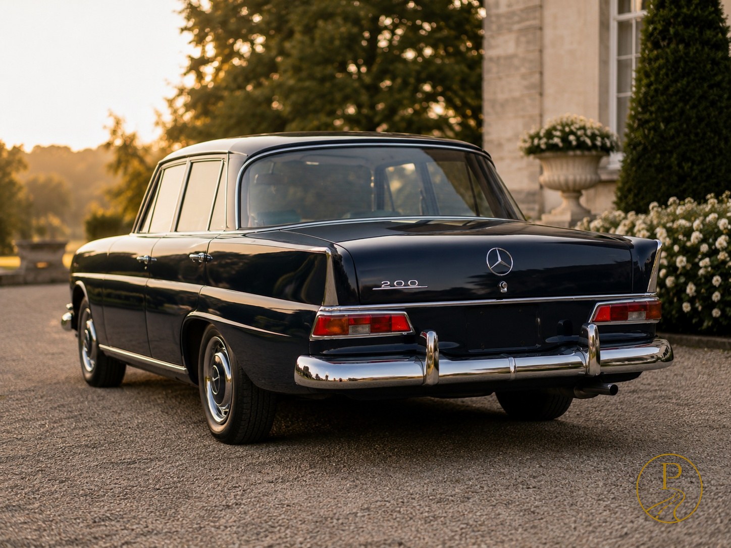 Klassikalise tumesinise Mercedes-Benz pulmaauto tagavaade mõisa ees päikeseloojangul