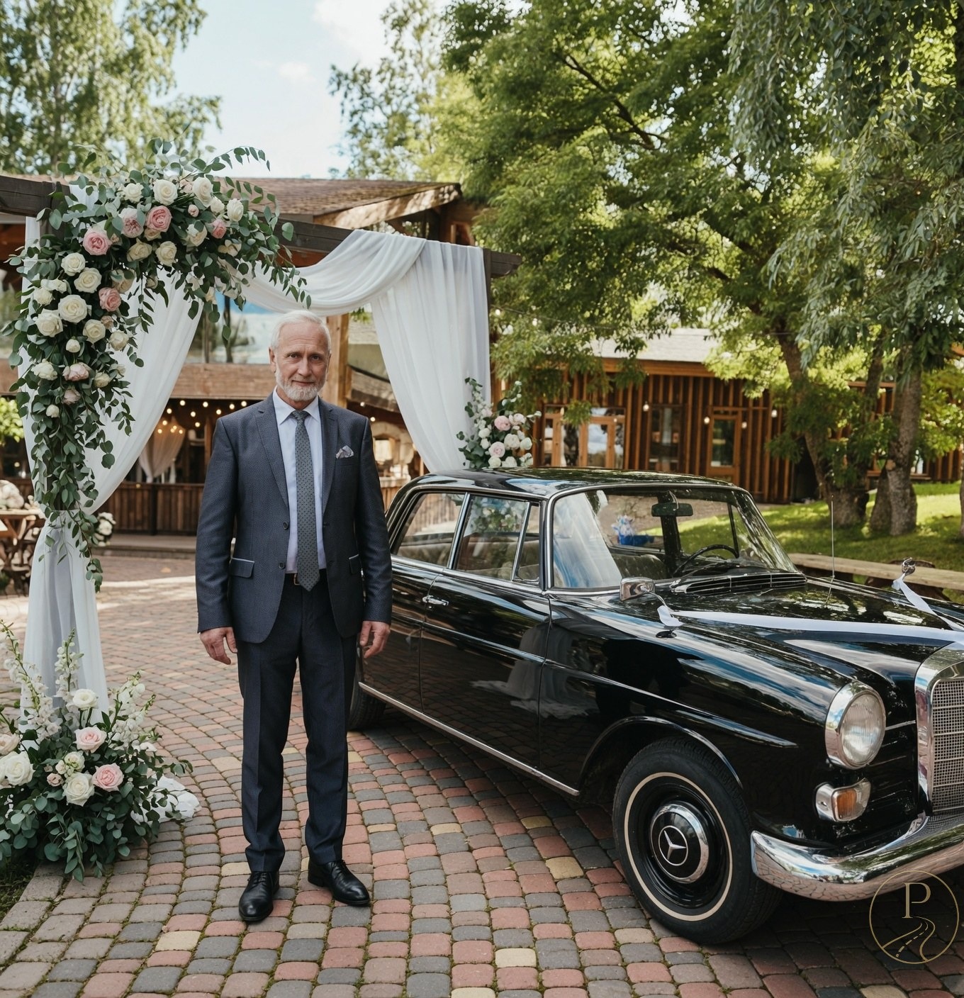 Klassikaline tumesinine Mercedes-Benz pulmaauto peopaiga ees
