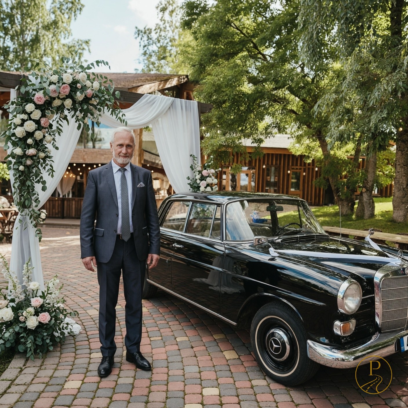 Hillar klassikalise tumesinise Mercedes-Benz pulmaauto kõrval peopaiga ees