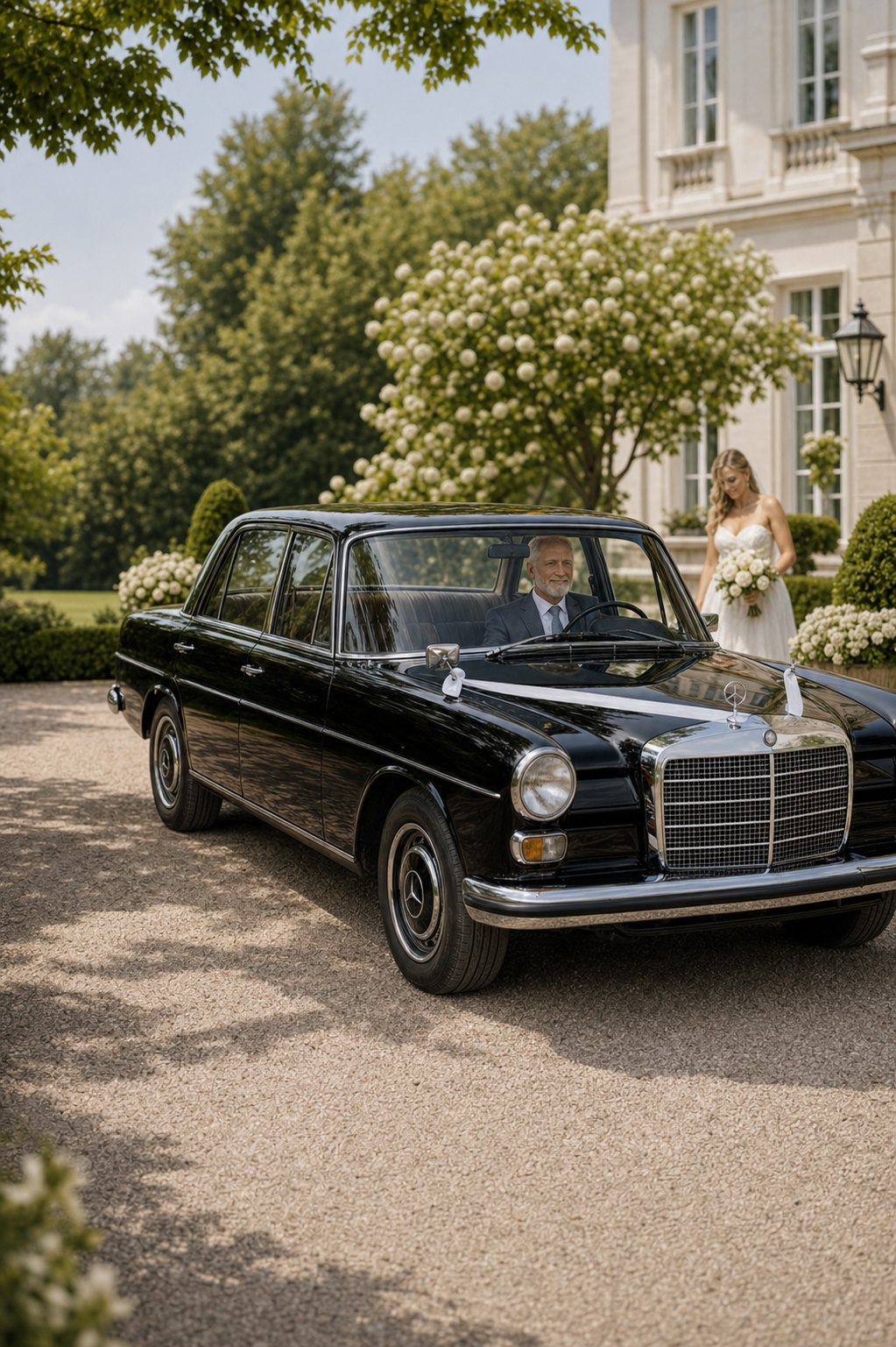 Hillar klassikalise Mercedes-Benz pulmaauto juhina, pruut auto kõrval mõisa ees