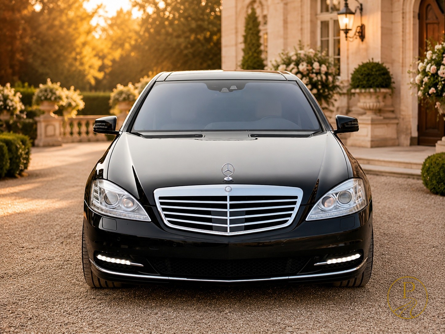 Mercedes-Benz S350 Long must esivaade mõisa ees päikeseloojangul