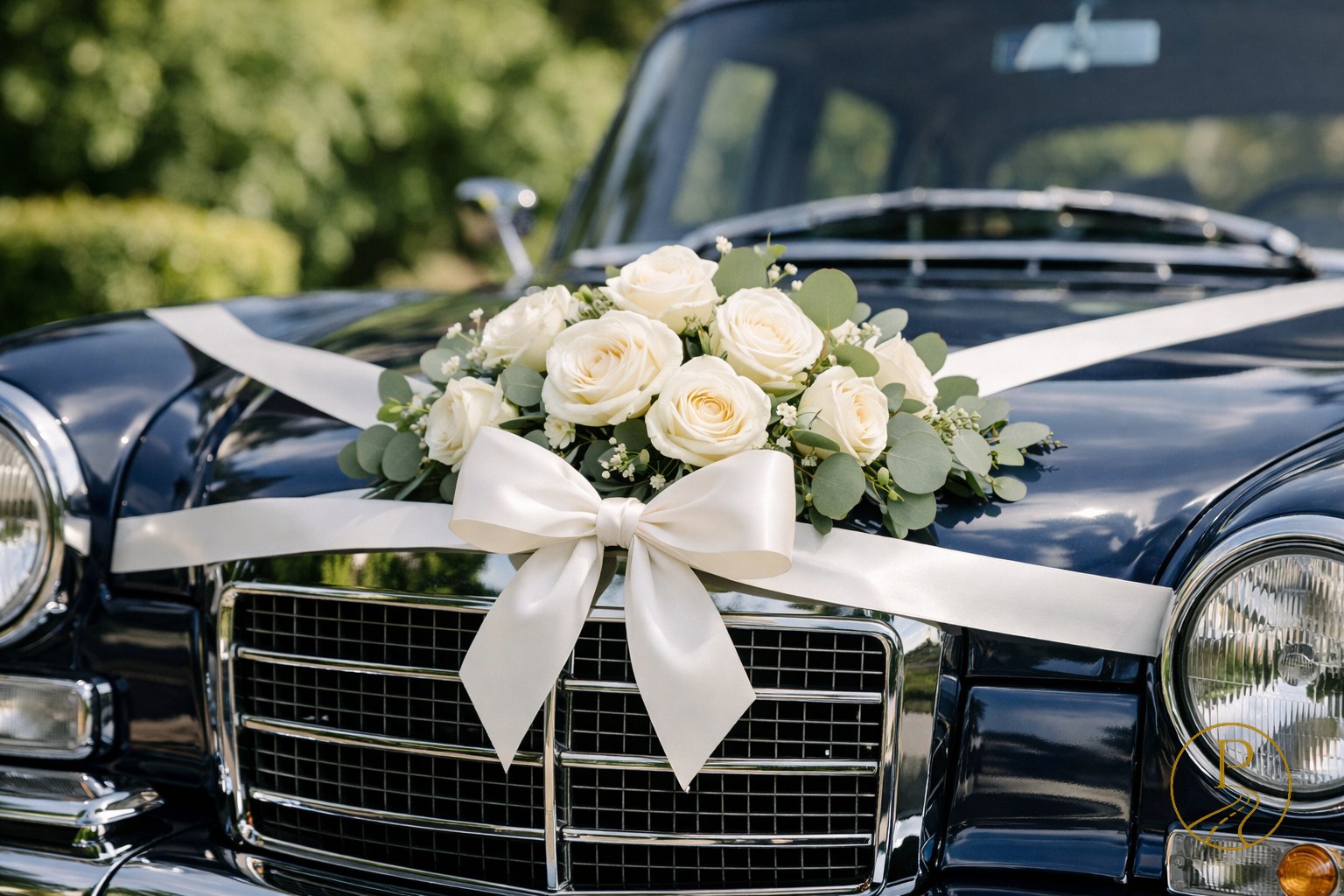 Valgetest roosidest ja eukalüptist lilleseade klassikalise tumesinise Mercedes-Benzi kapotil, kinnitatud satiinpaelaga