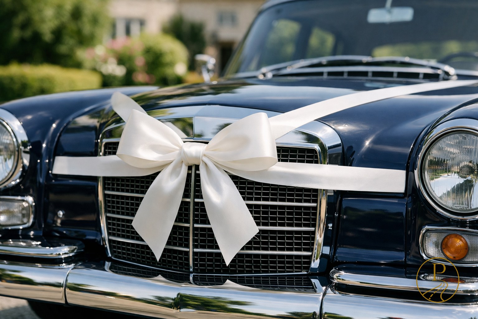 Valge satiinpael klassikalise tumesinise Mercedes-Benzi kroomitud iluvõre külge seotud