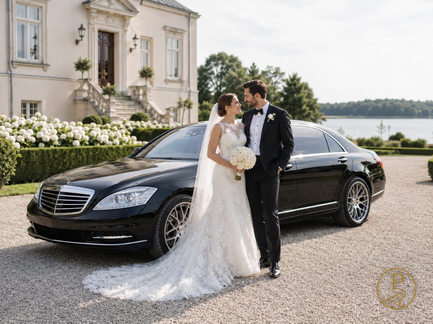 Pruutpaar Mercedes-Benz S350 Long pulmaauto kõrval mõisamiljöös