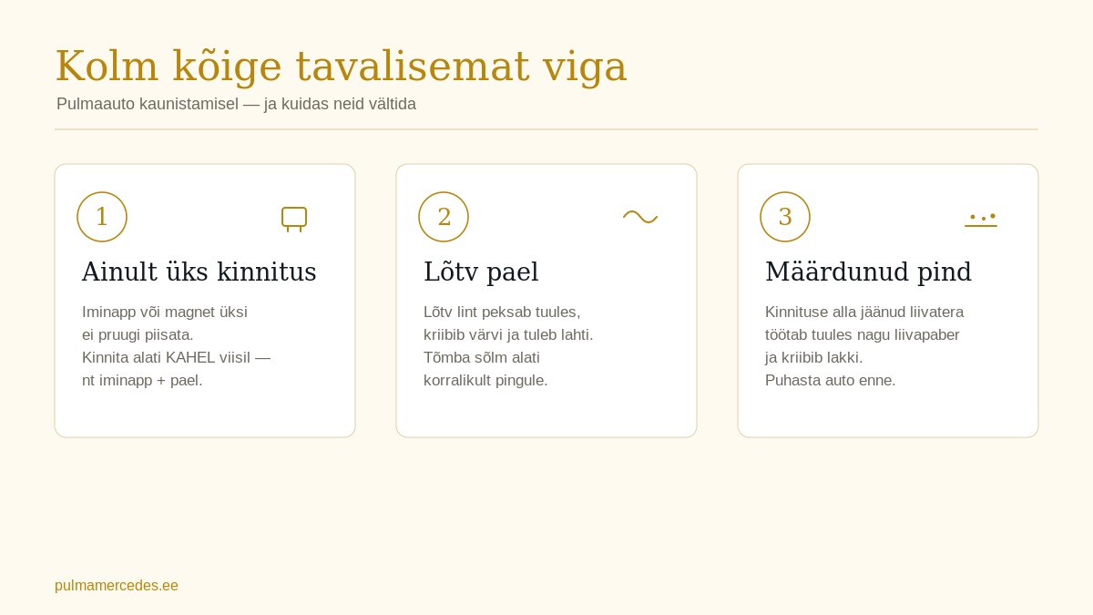 Infograafik: kolm kõige tavalisemat viga pulmaauto kaunistamisel — ainult üks kinnitus, lõtv pael ja määrdunud pind